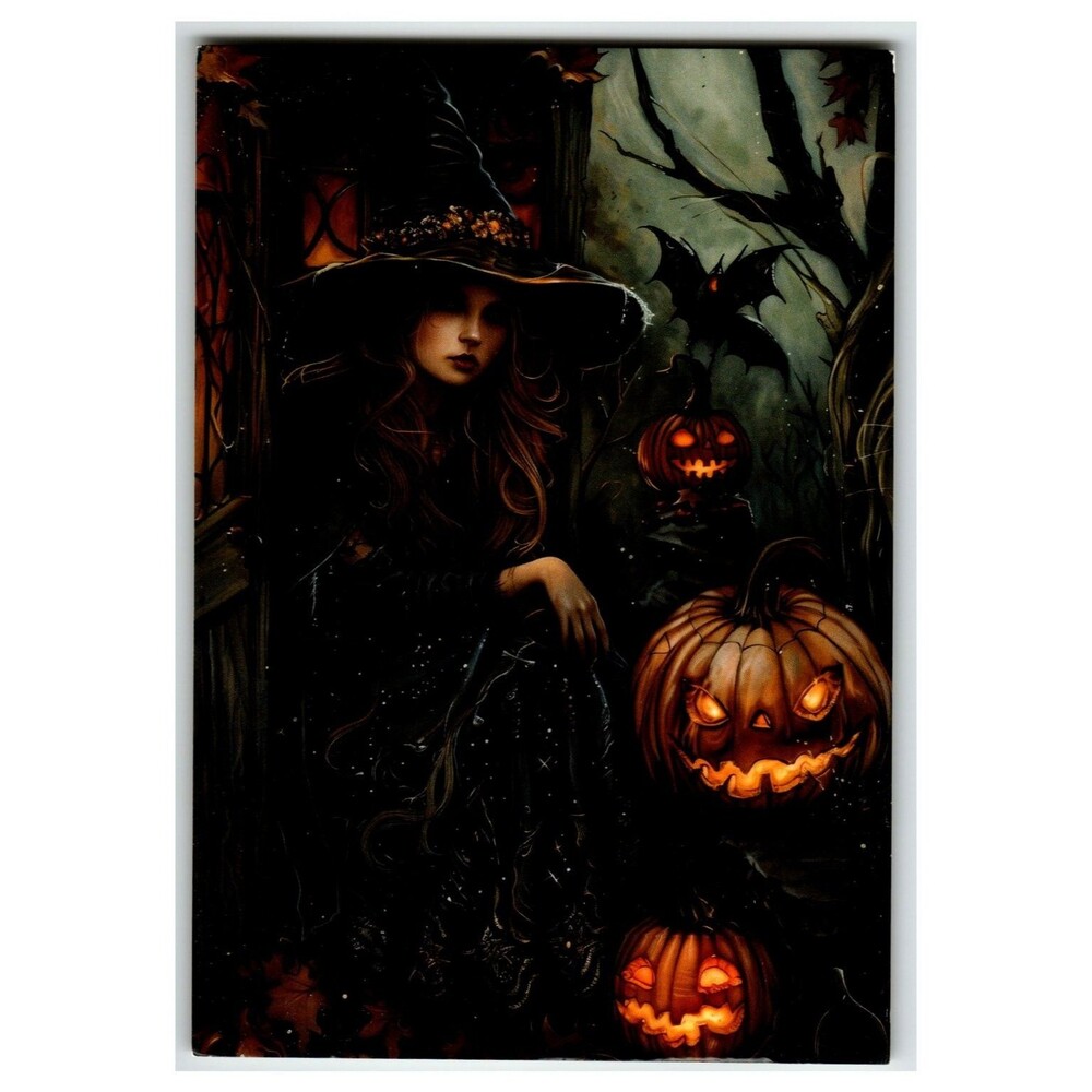 Dark Witch Halloween Fantasy Art Postcard Jack-O'-Lanterns Bat